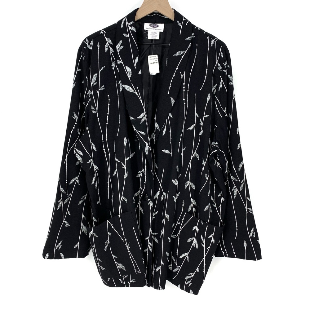 Modern Woman Black Blazer 22W 24W Leaf Print Button Front Minimalist Vtg 90s‎